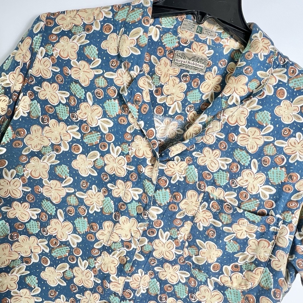 Vintage Royal Robbins Womens Size XL Floral Button Shirt 90s Rayon Cotton Linen